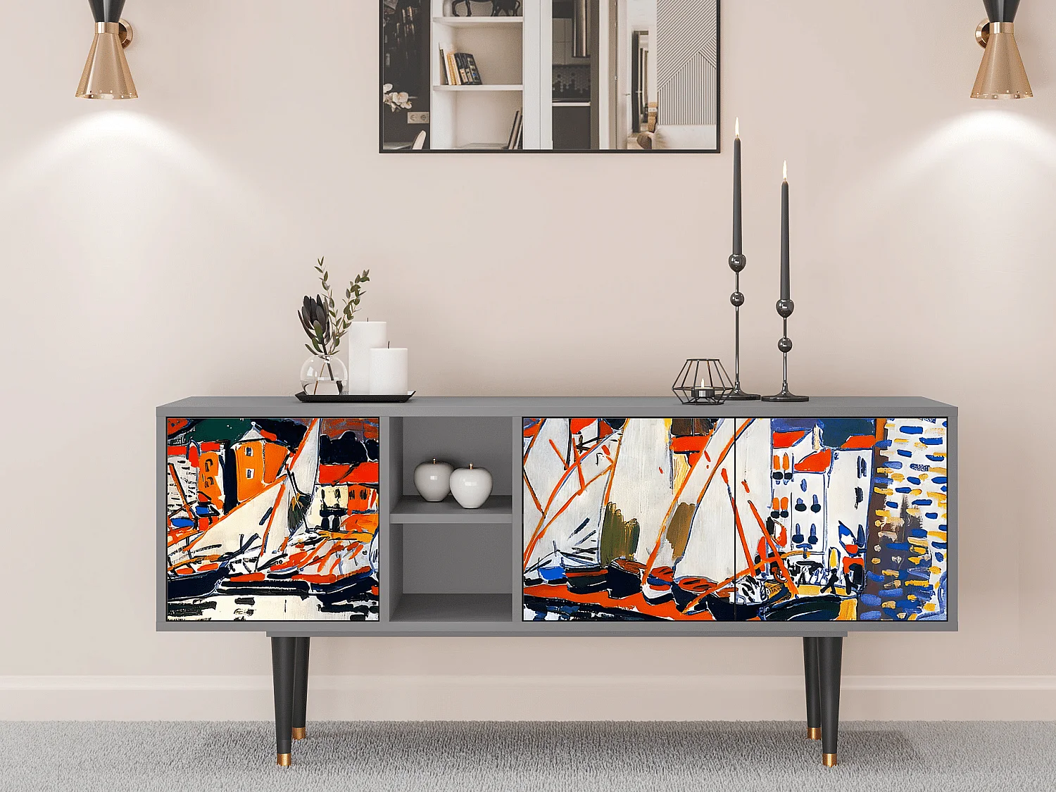 Meuble TV - 150х69х41 cm - T5 - Le Séchage des voiles , Gris