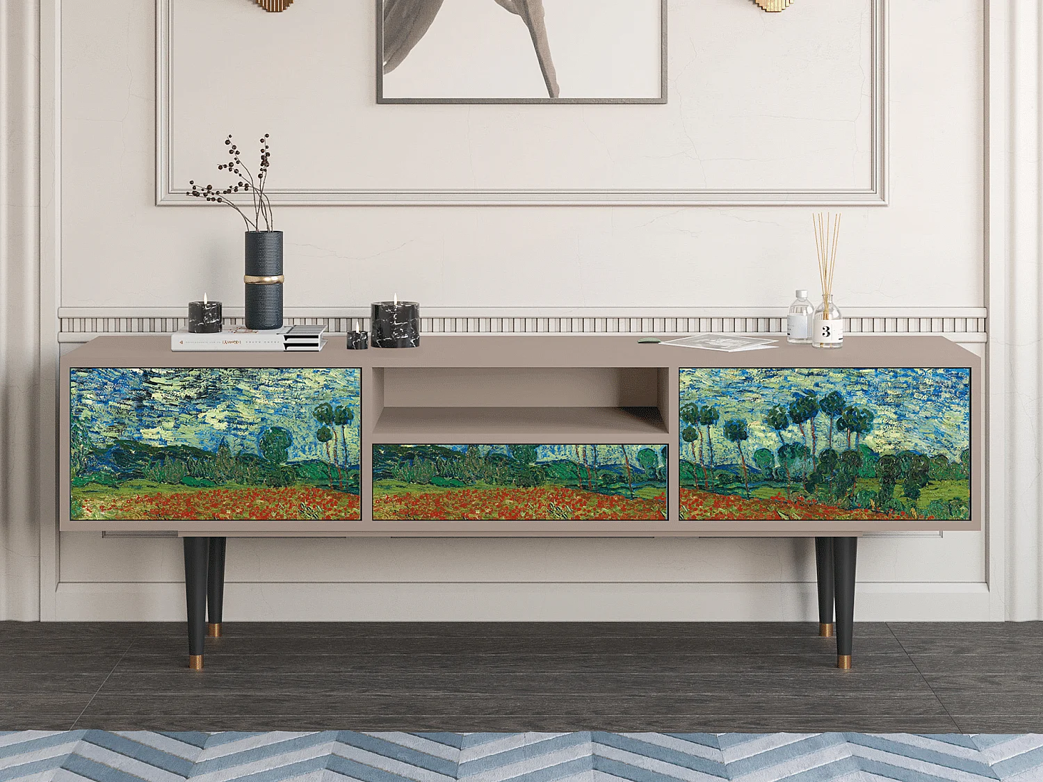 Meuble TV - 170х59х41 cm - T6 - Poppy field by van Gogh, Latte