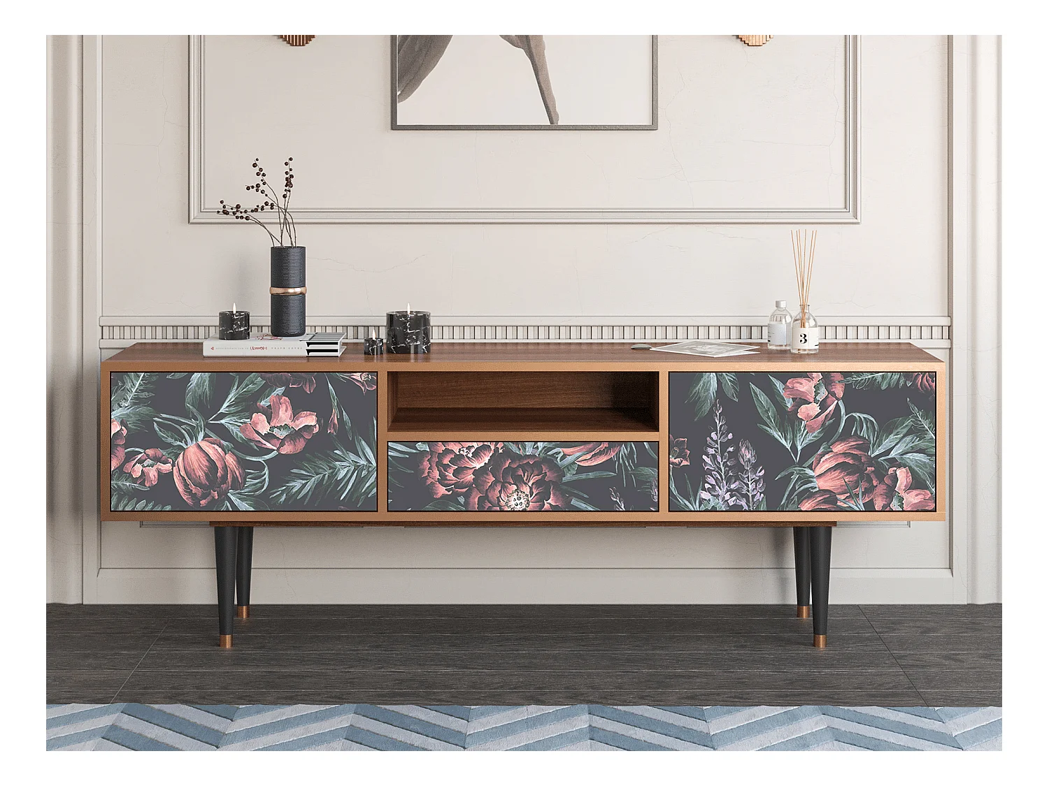 TV-Möbel - 170х59х41 cm - T6 - Dark Peonies, Walnuss