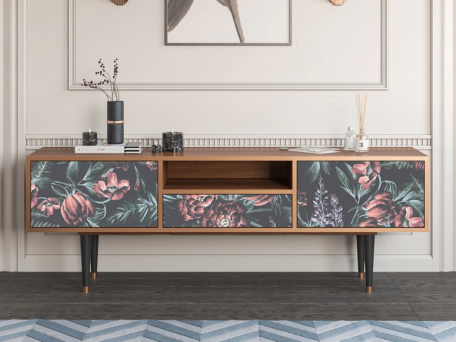 Mueble de TV - 170х59х41 cm - T6 - Dark Peonies, Nogal