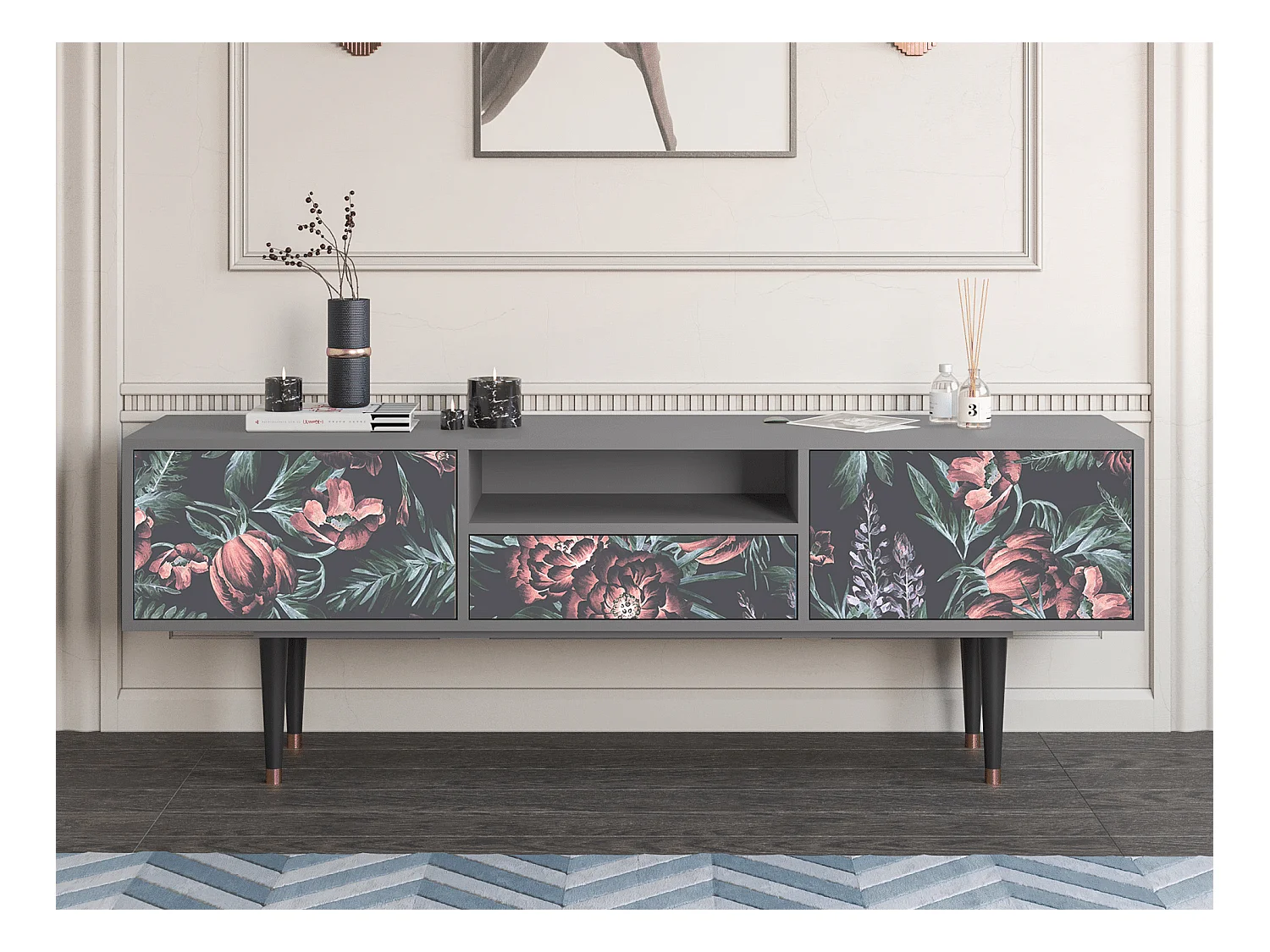 TV-Möbel - 170х59х41 cm - T6 - Dark Peonies, Grau
