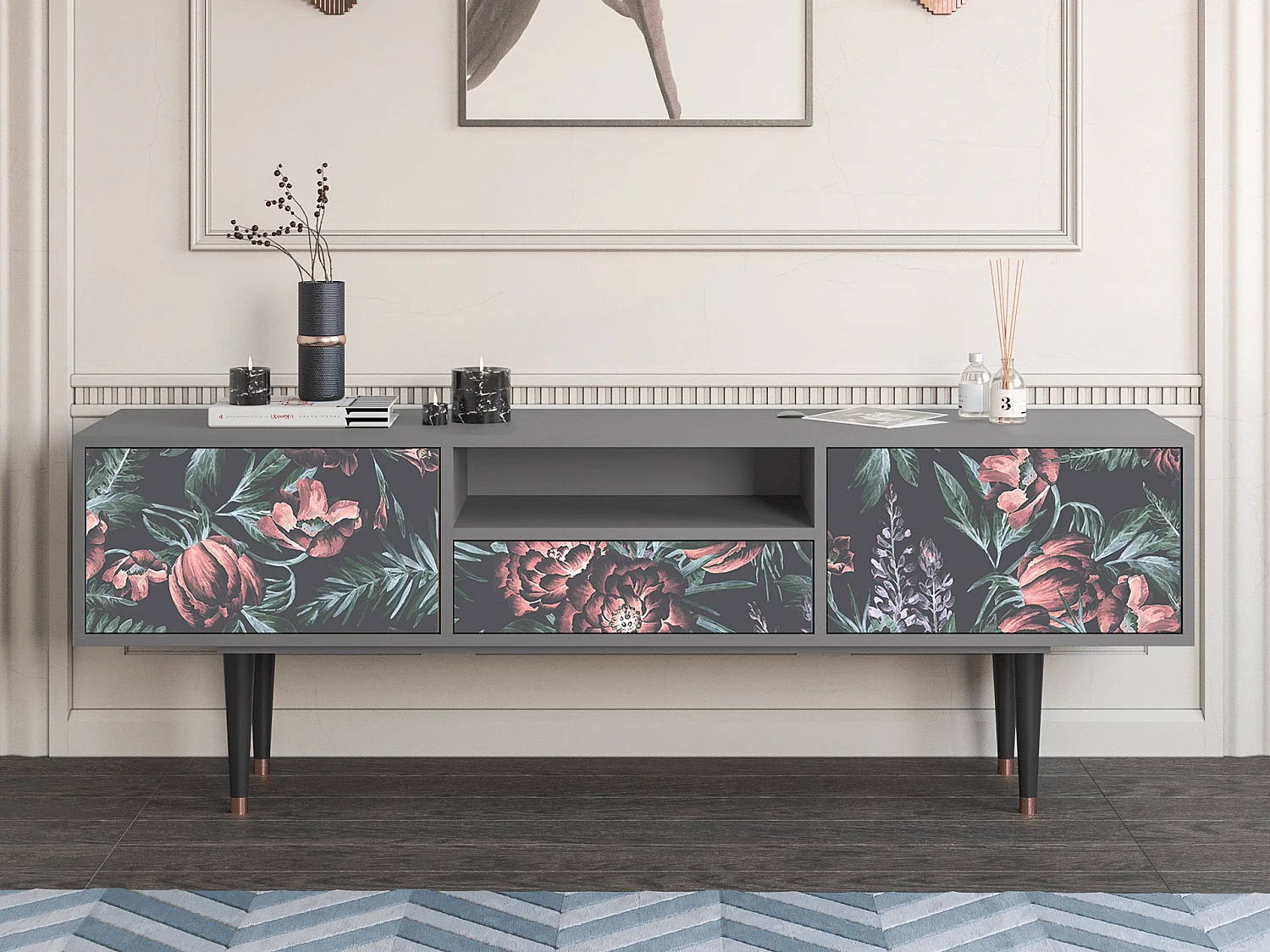 Mueble de TV - 170х59х41 cm - T6 - Dark Peonies, Gris