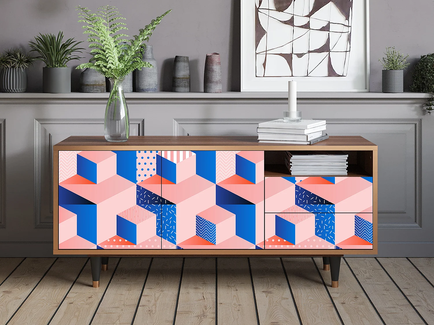 TV-Möbel - 125х56х41 cm - T7 - Pinky Squares, Walnuss