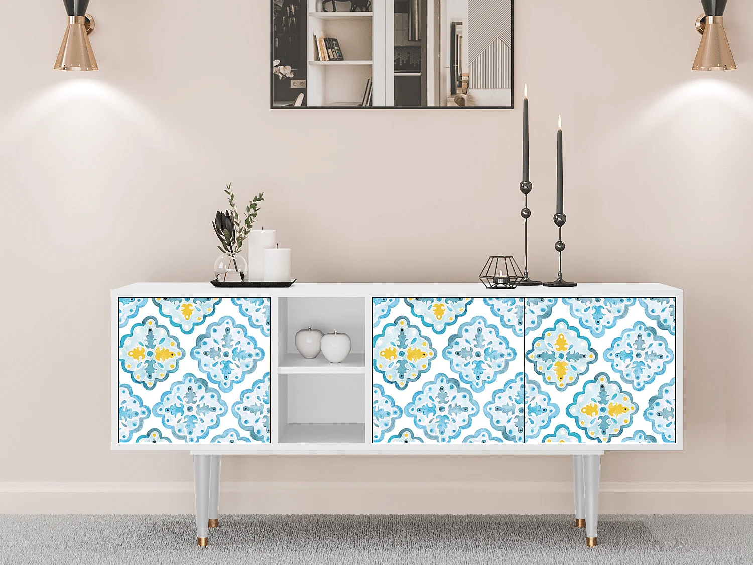 Meuble TV - 150х69х41 cm - T5 - Portugese tiles, Blanc