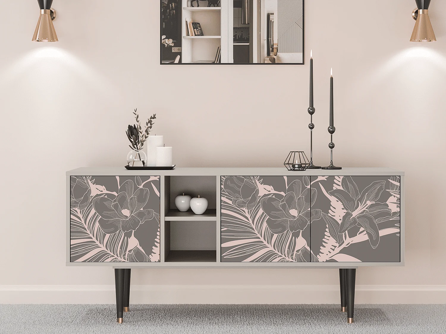 Meuble TV - 150х69х41 cm - T5 - Issabelline Flower, Sable