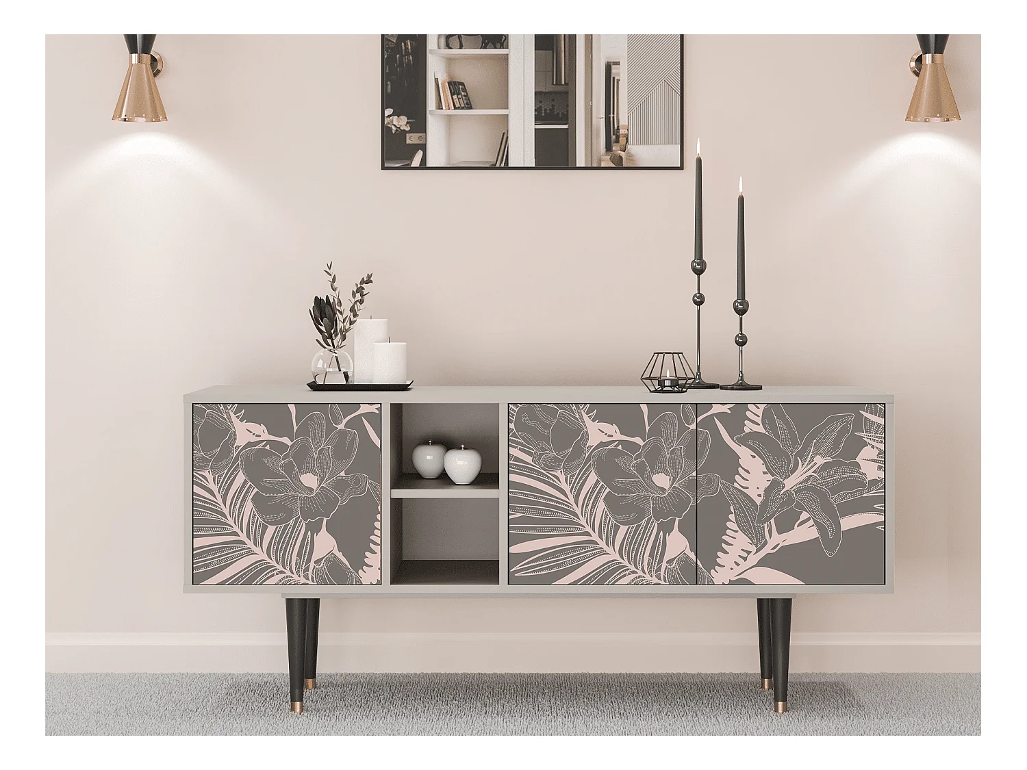 Meuble TV - 150х69х41 cm - T5 - Issabelline Flower, Sable