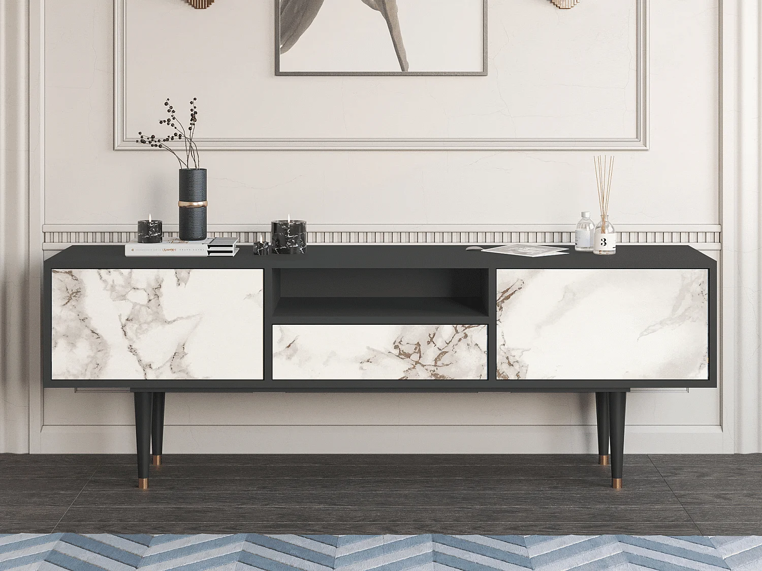 Meuble TV - 170х59х41 cm - T6 - Milk Marble, Anthracite