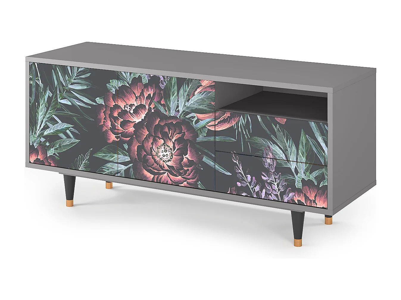 Meuble TV - 125х56х41 cm - T7 - Dark Peonies, Gris
