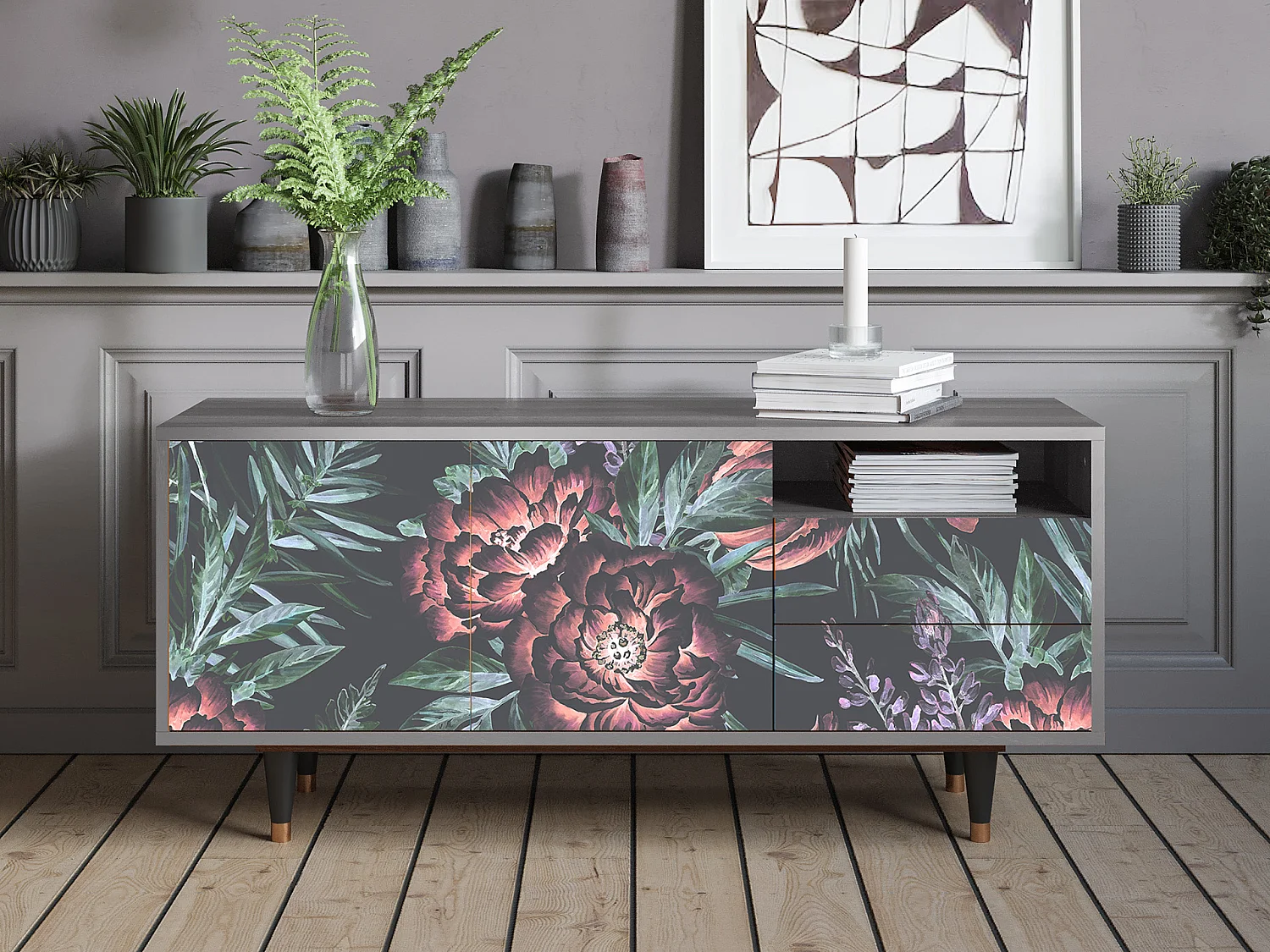 Szafka RTV - 125х56х41 cm - T7 - Dark Peonies, Szary