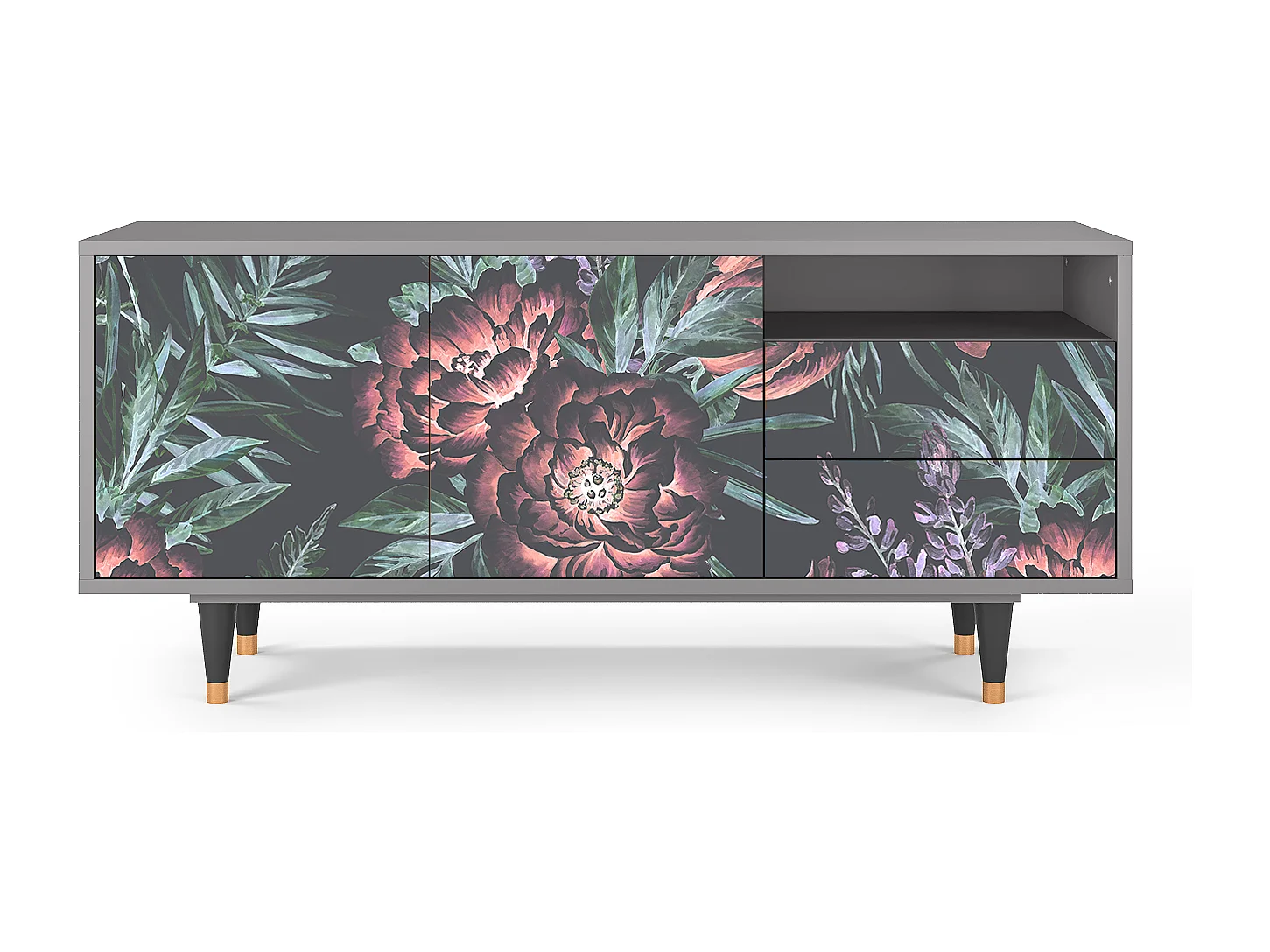 Szafka RTV - 125х56х41 cm - T7 - Dark Peonies, Szary