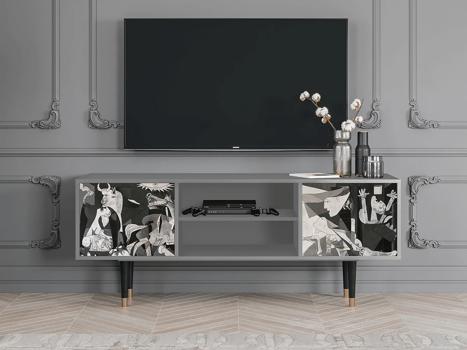 Szafka RTV - 170х69х48 cm - T2 - Guernica by Picasso, Szary