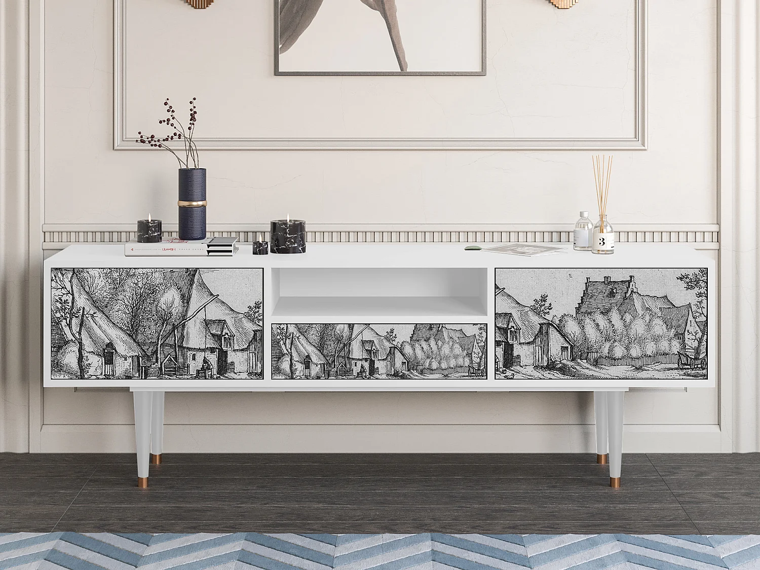 Mobile TV - 170х59х41 cm - T6 - Farms in a Village, Bianco