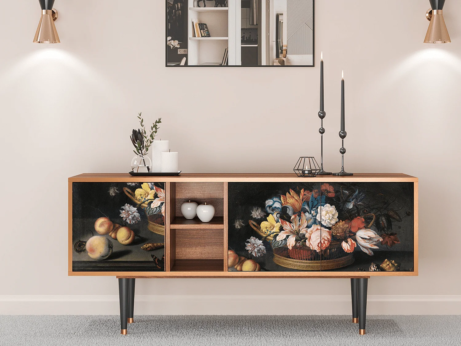 Szafka RTV - 150х69х41 cm - T5 - Still Life with Flowers, Orzech