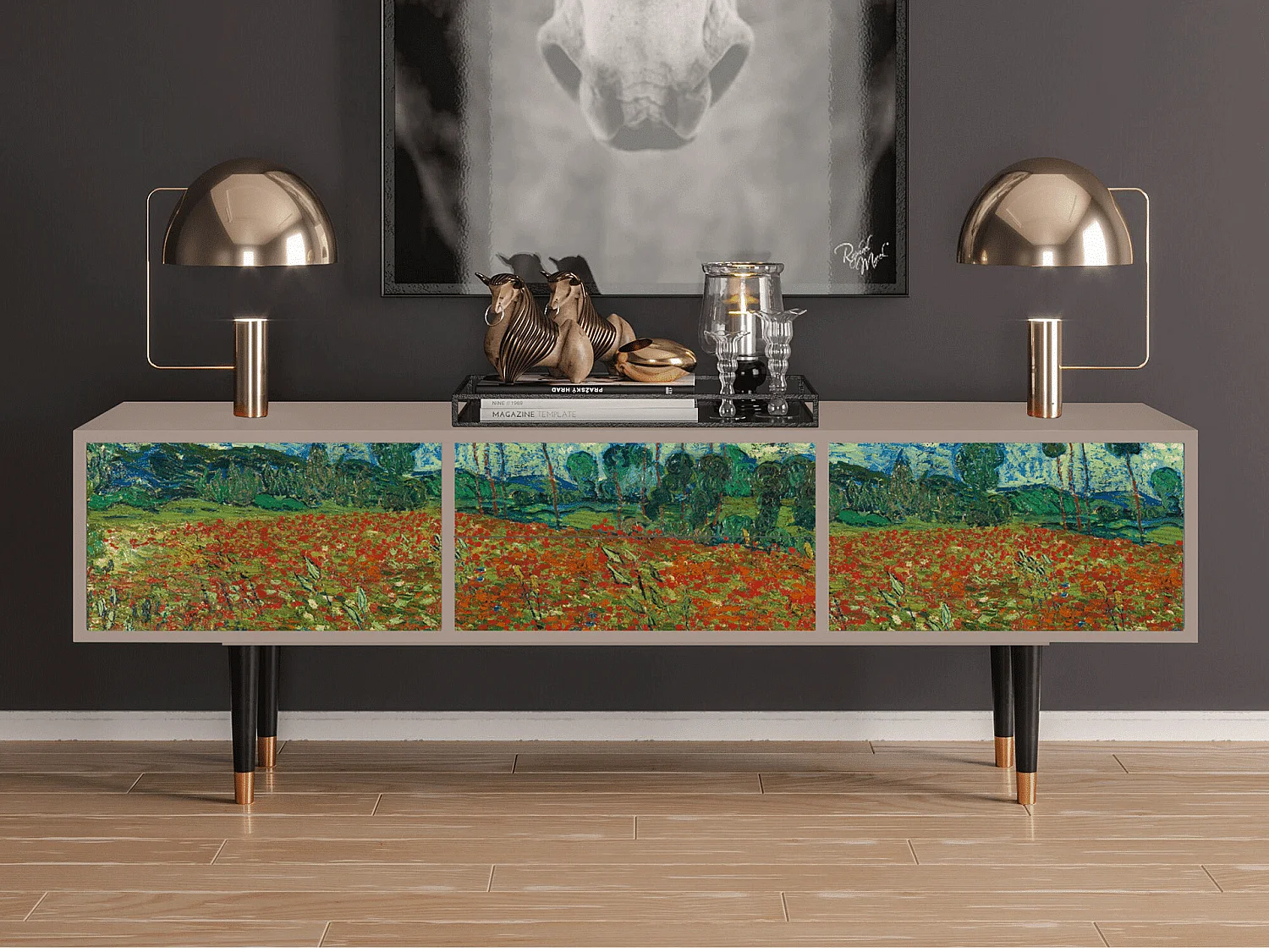 Meuble TV - 170х59х48 cm - T4 - Poppy field by van Gogh, Latte