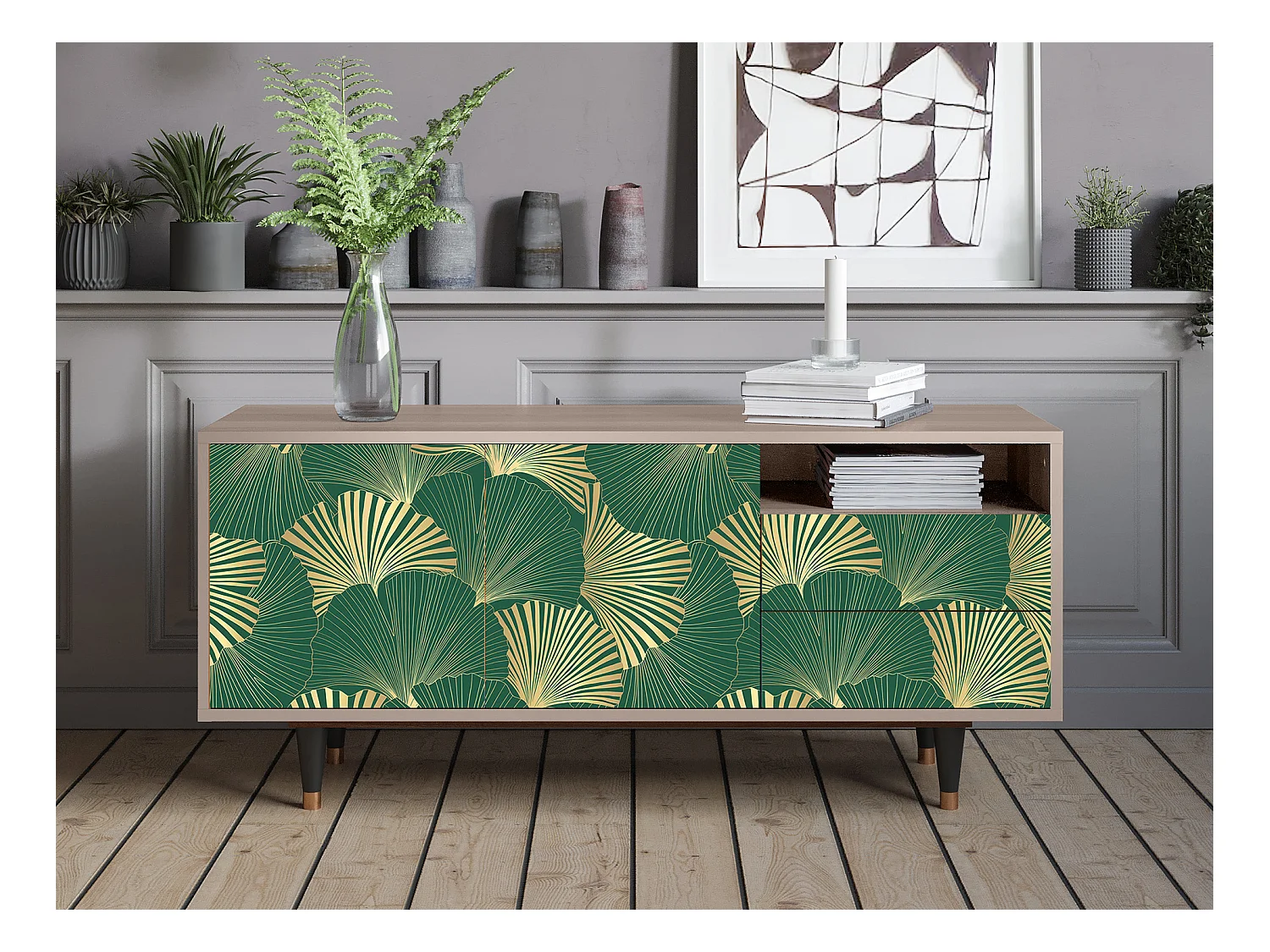 Mueble de TV - 125х56х41 cm - T7 - Gold Ginkgo, Latte