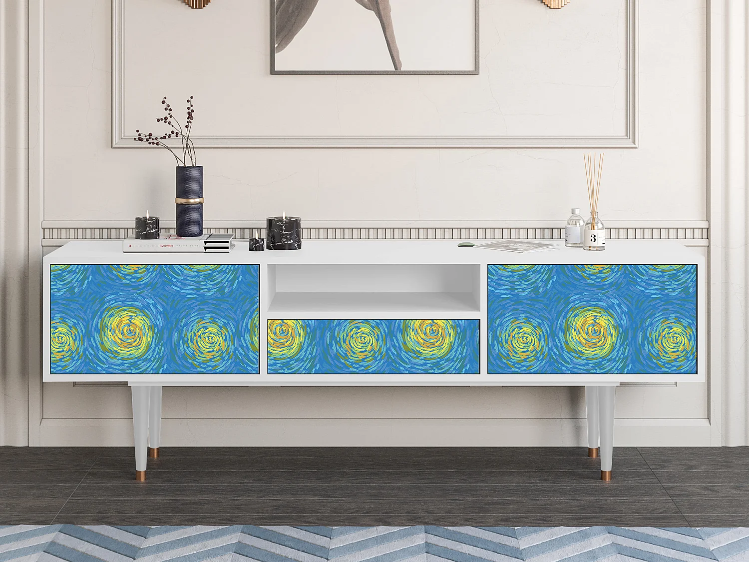 Mueble de TV - 170х59х41 cm - T6 - Van Gogh Lights, Blanco