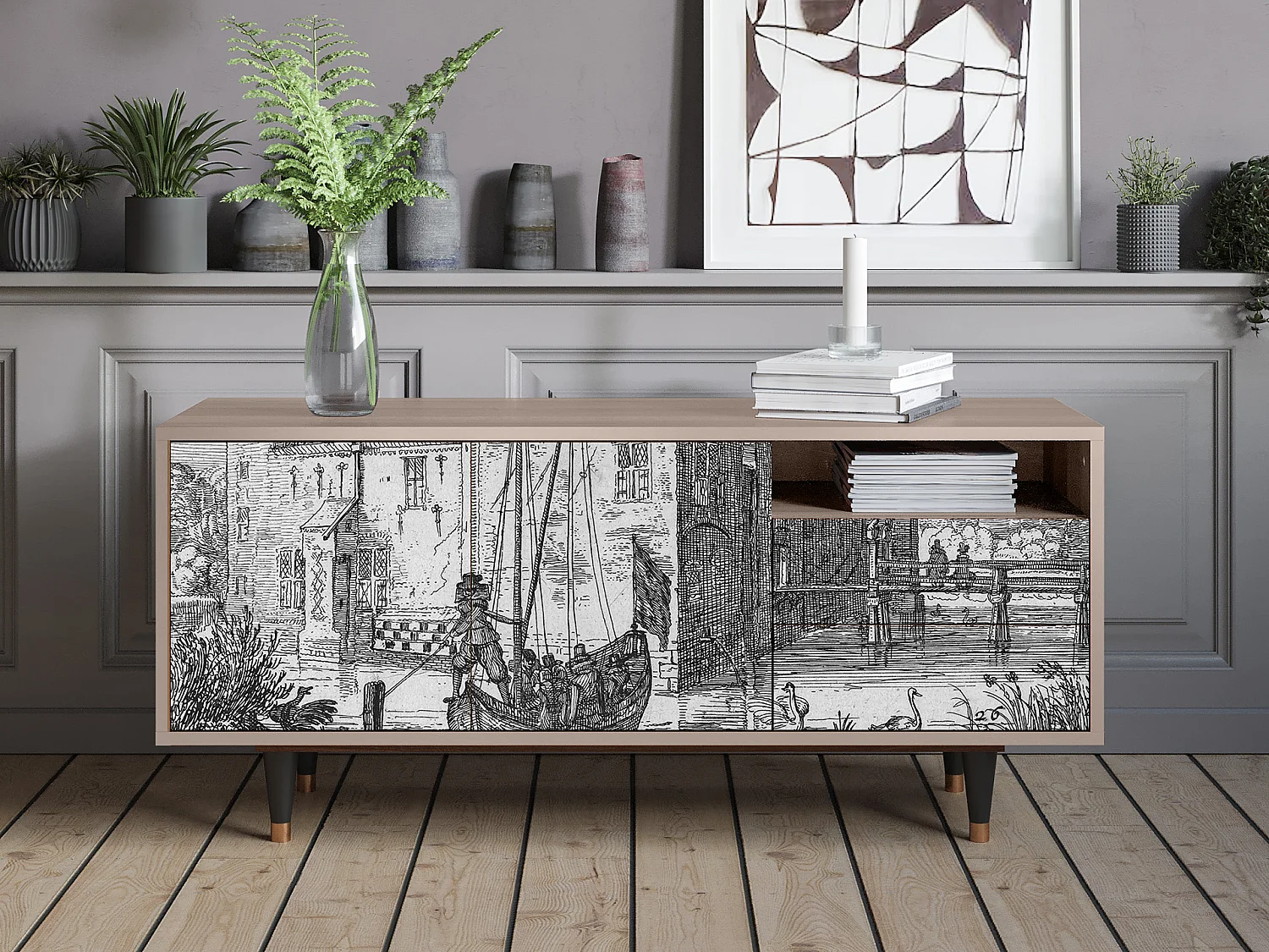 Meuble TV - 125х56х41 cm - T7 - Castle with Bridge, Latte