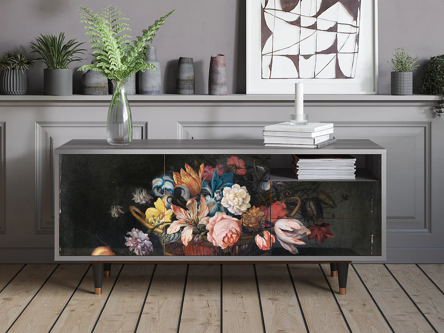 Meuble TV - 125х56х41 cm - T7 - Still Life with Flowers, Gris