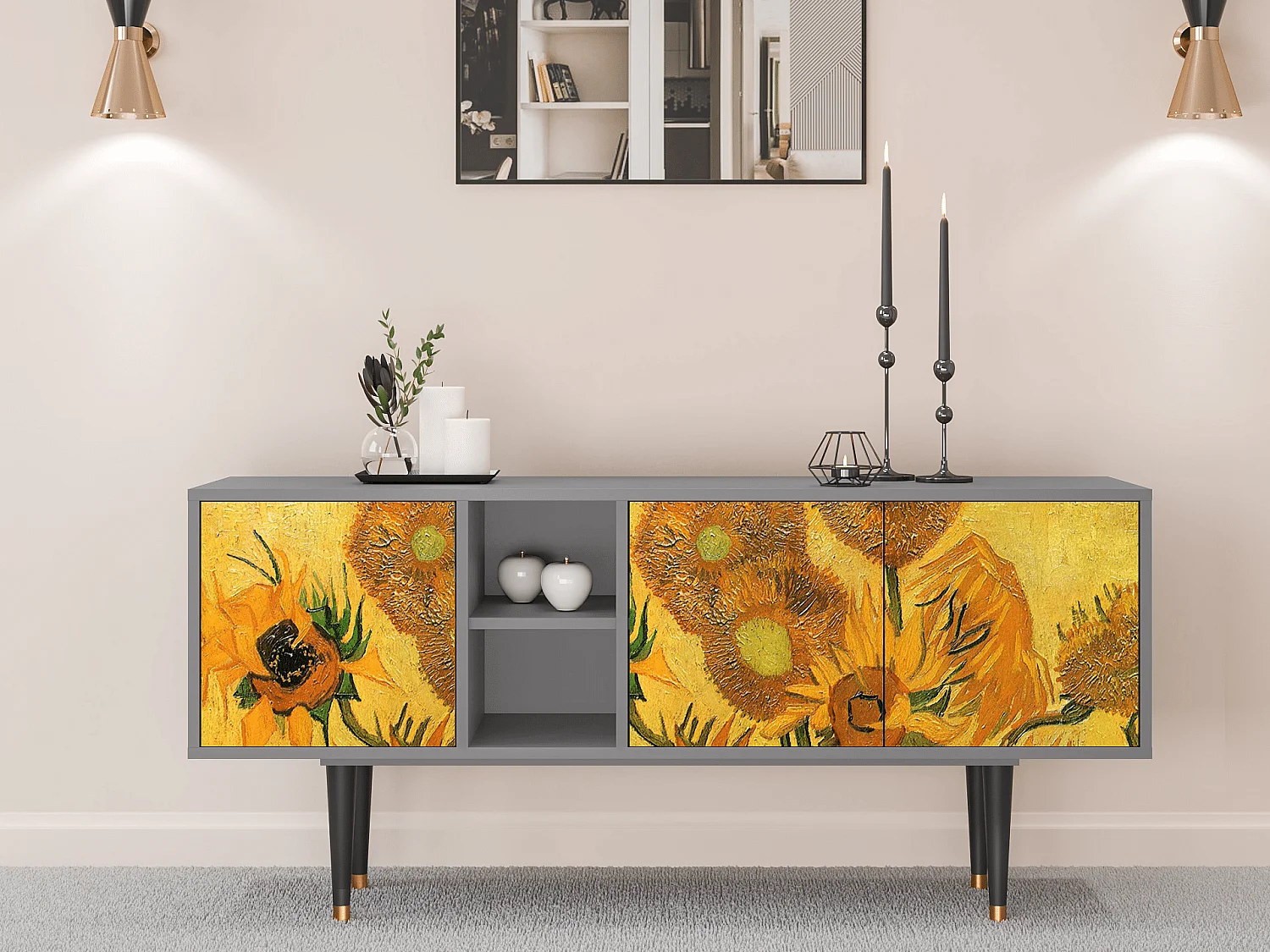 Meuble TV - 150х69х41 cm - T5 - Sunflowers, Gris
