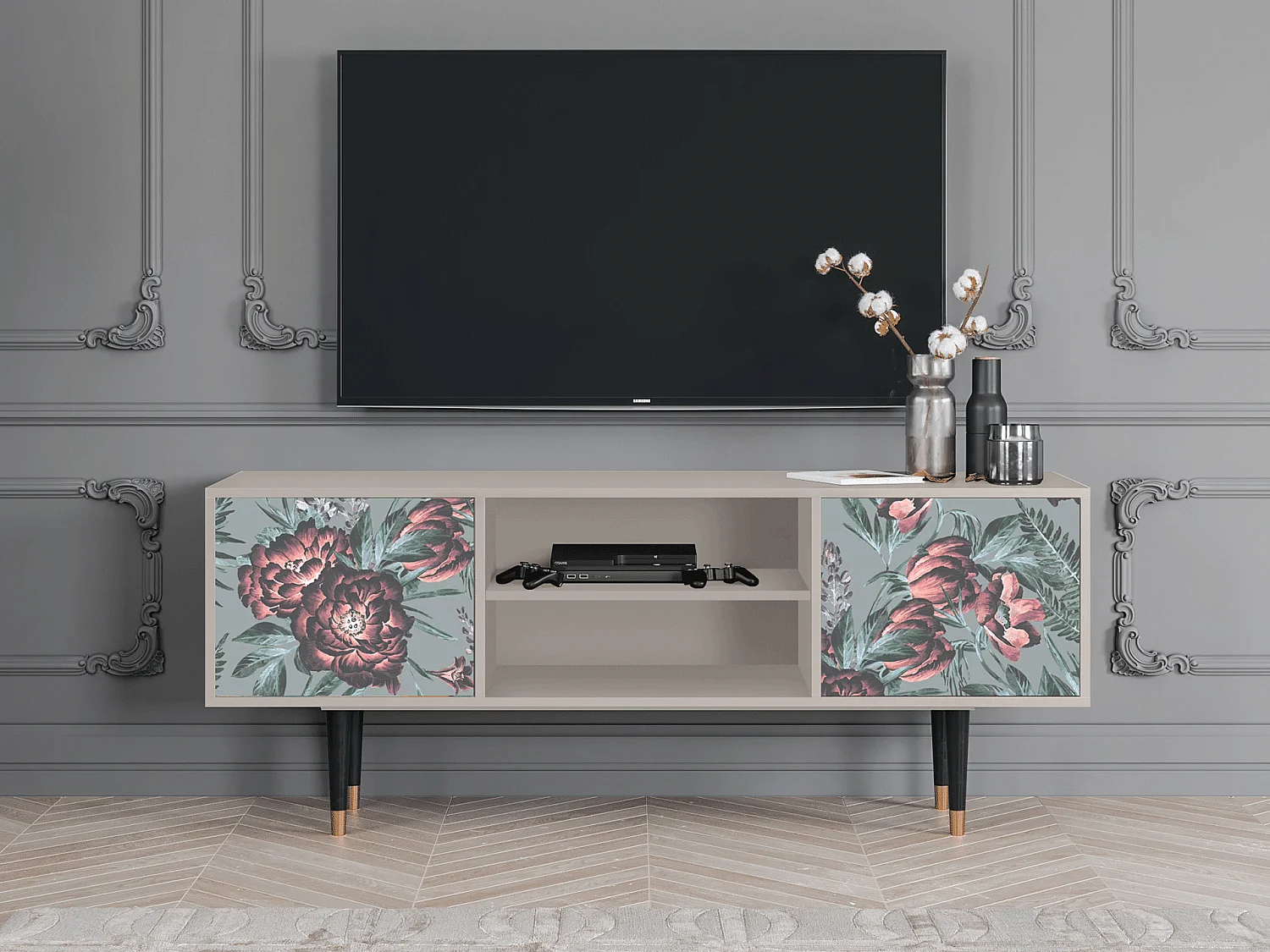 Mobile TV - 170х69х48 cm - T2 - Light Peonies, Sabbia