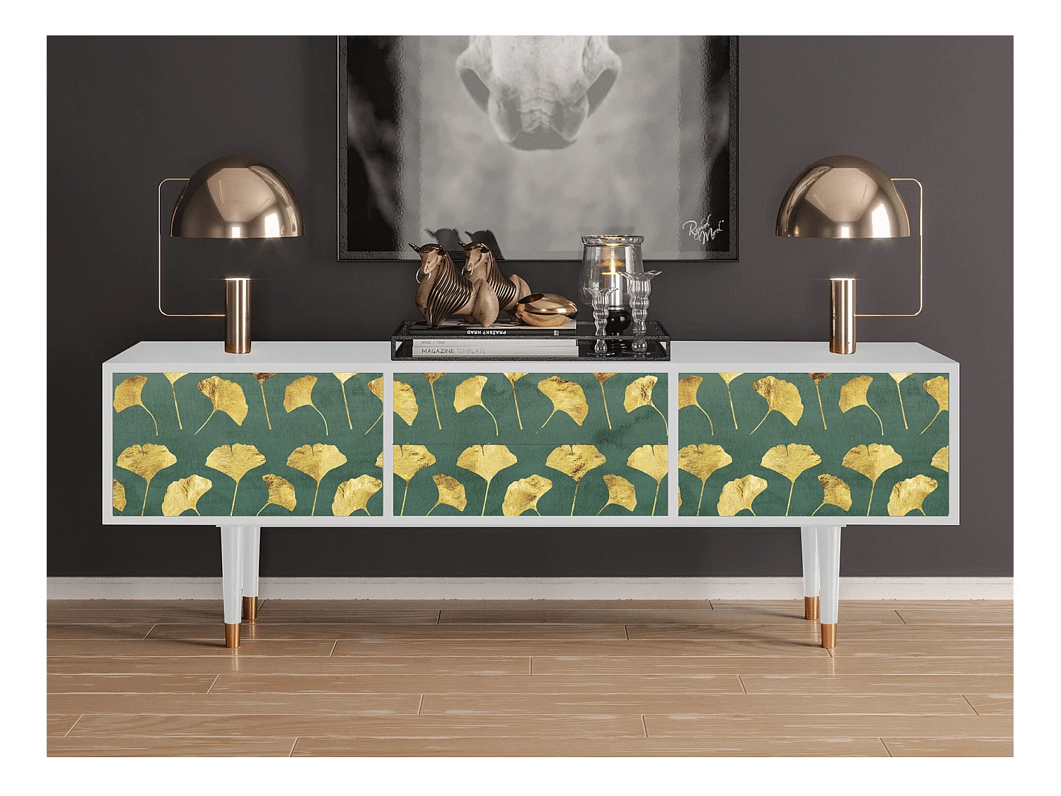 Meuble TV - 170х59х48 cm - T4 - Gingko leaves, Blanc