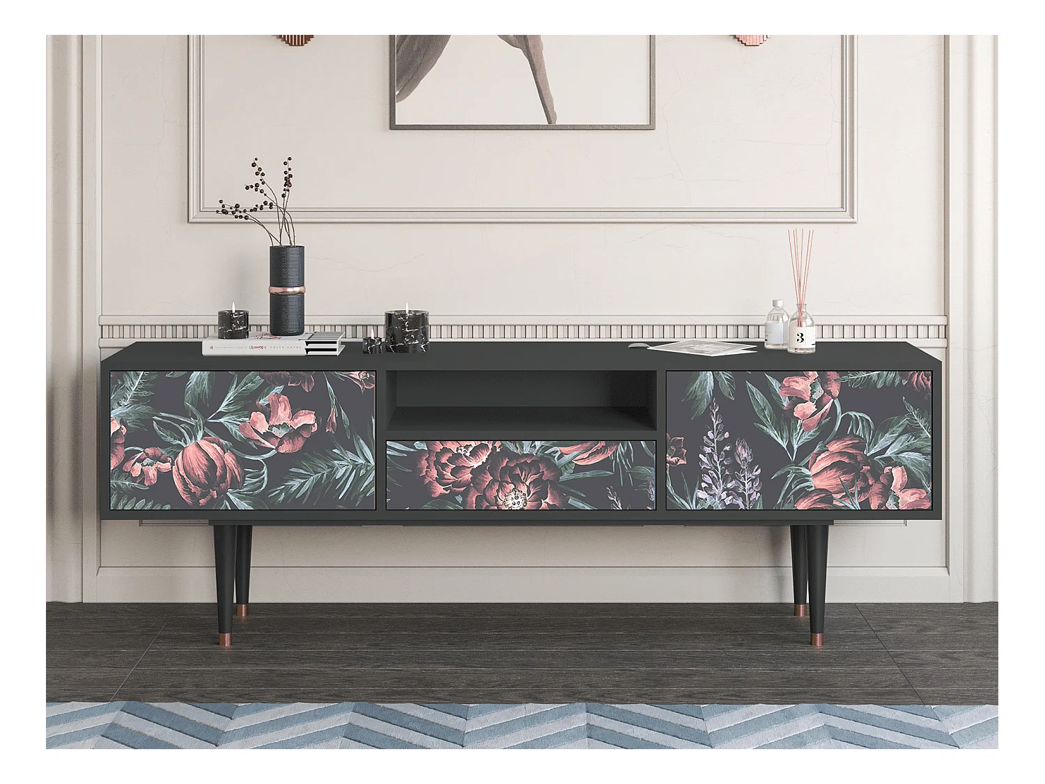 TV-Möbel - 170х59х41 cm - T6 - Dark Peonies, Anthrazit