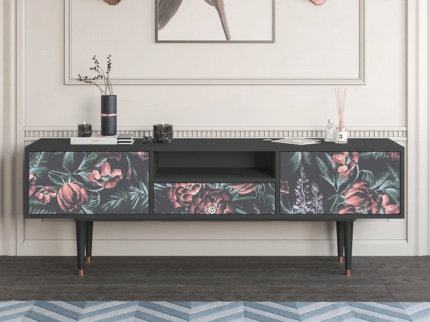 Mueble de TV - 170х59х41 cm - T6 - Dark Peonies, Antracita