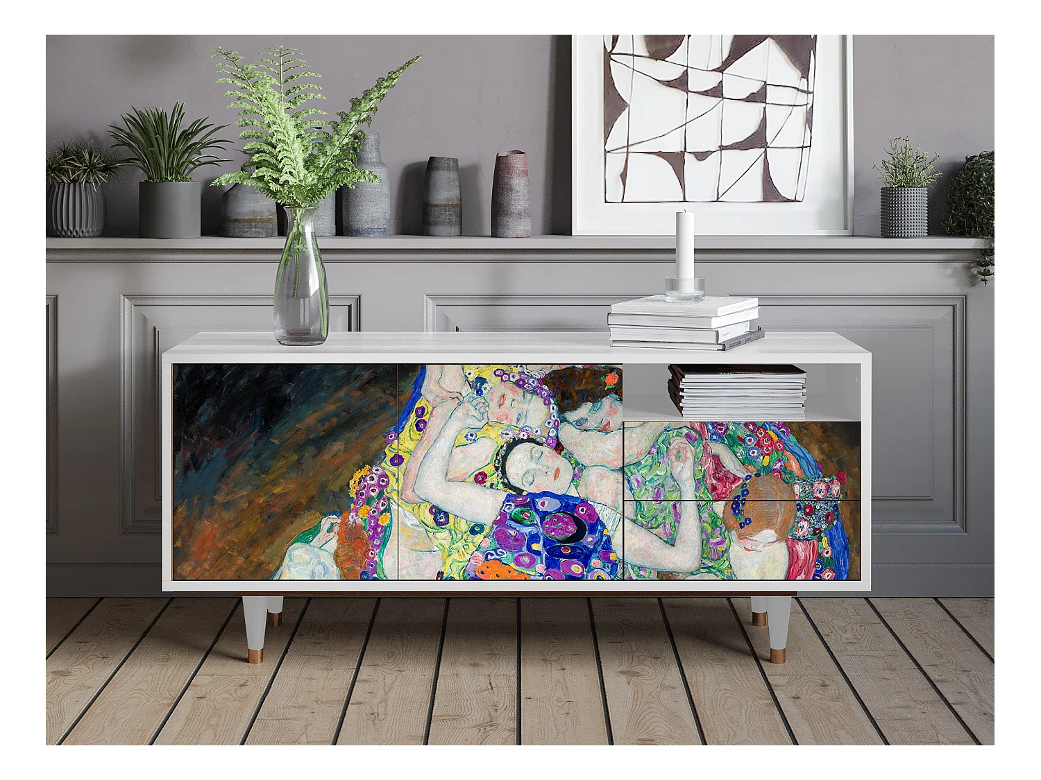 Szafka RTV - 125х56х41 cm - T7 - The Maiden by Klimt, Biały