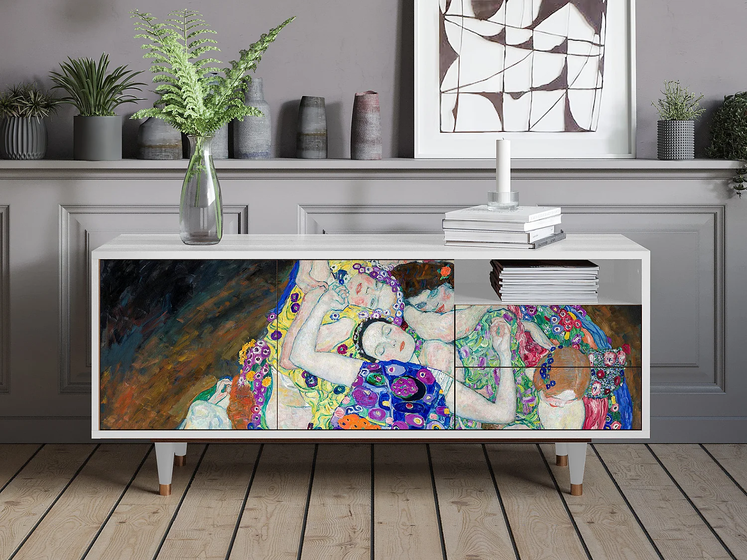 Szafka RTV - 125х56х41 cm - T7 - The Maiden by Klimt, Biały