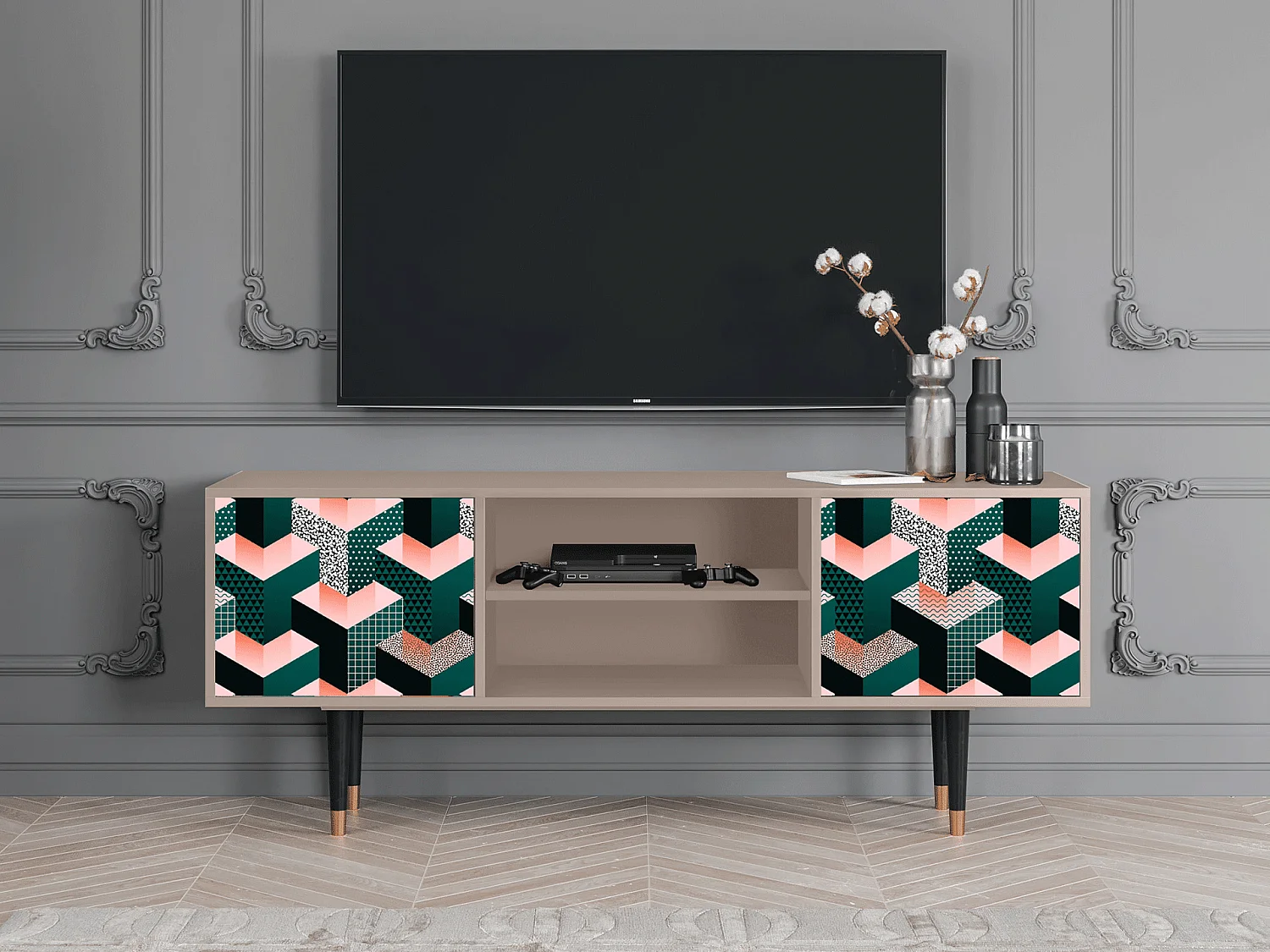 Meuble TV - 170х69х48 cm - T2 - Geometric Madness, Latte