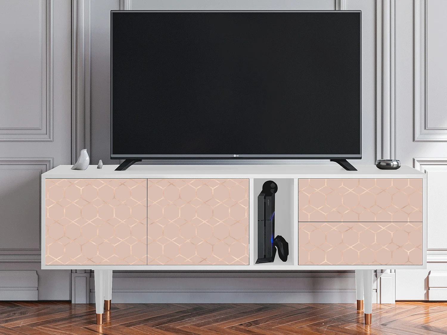 Szafka RTV - 170х69х48 cm - T1 - Rose Honeycomb, Biały