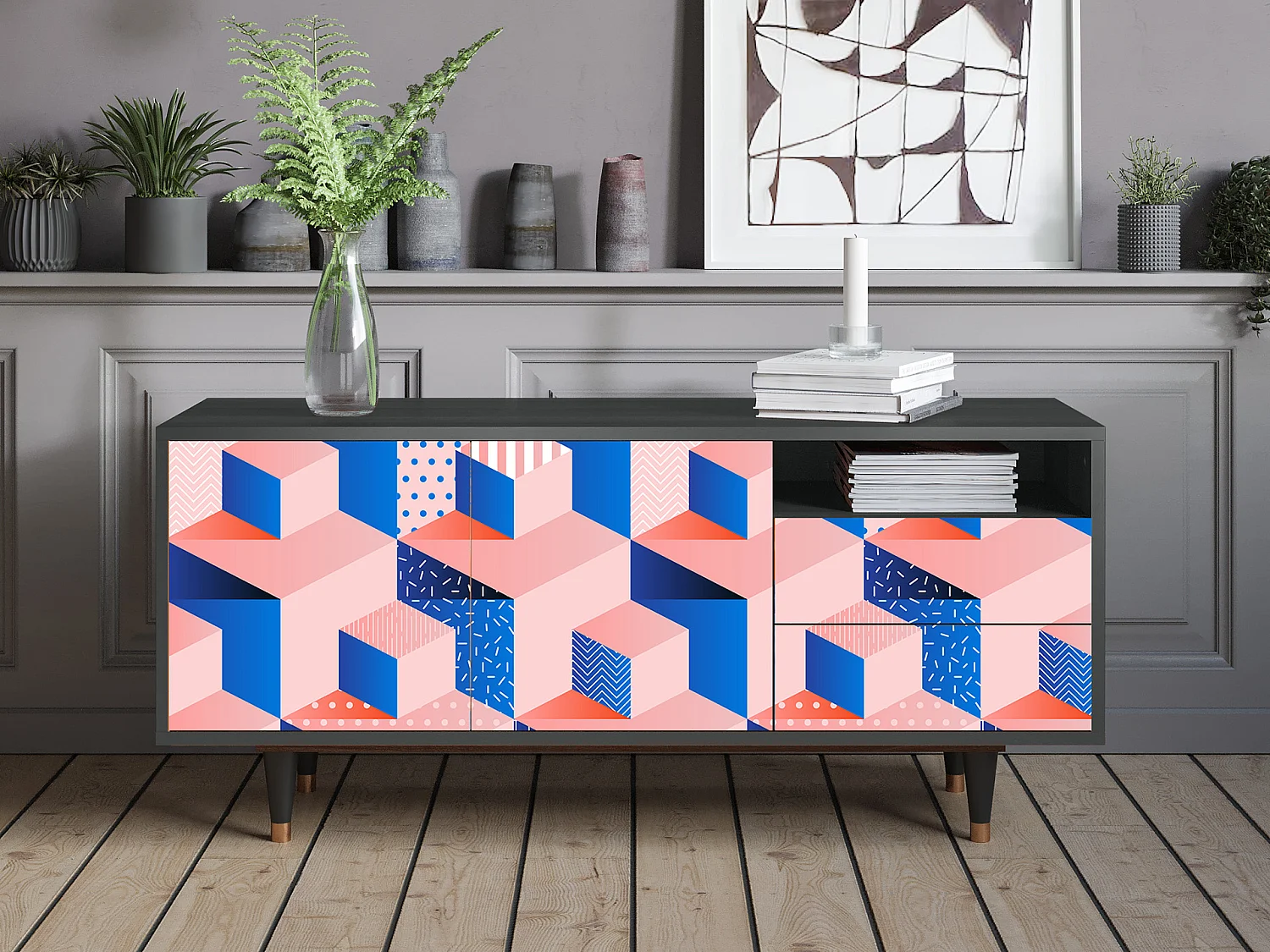 TV-Möbel - 125х56х41 cm - T7 - Pinky Squares, Anthrazit