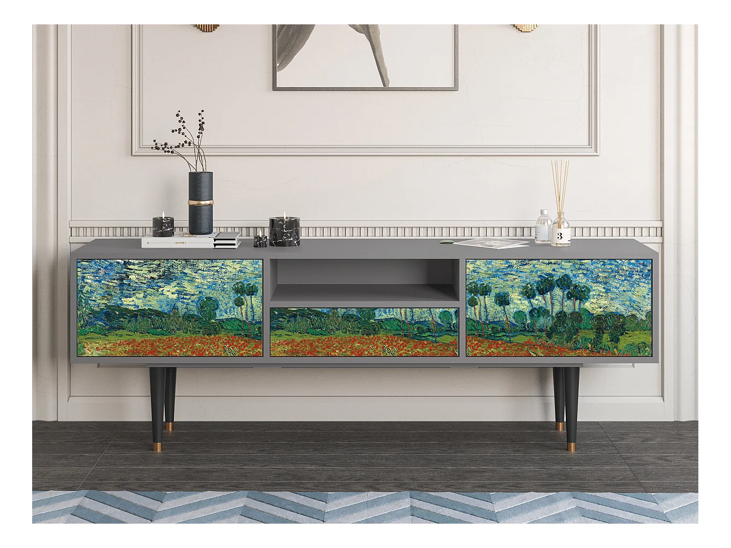 TV-Möbel - 170х59х41 cm - T6 - Poppy field by van Gogh, Grau