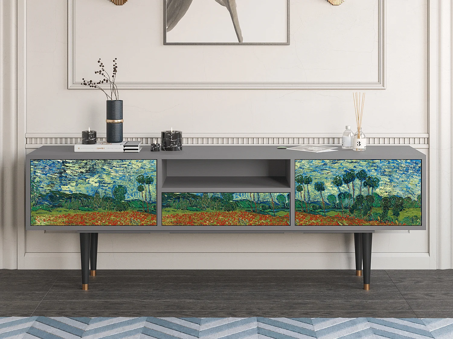 Meuble TV - 170х59х41 cm - T6 - Poppy field by van Gogh, Gris