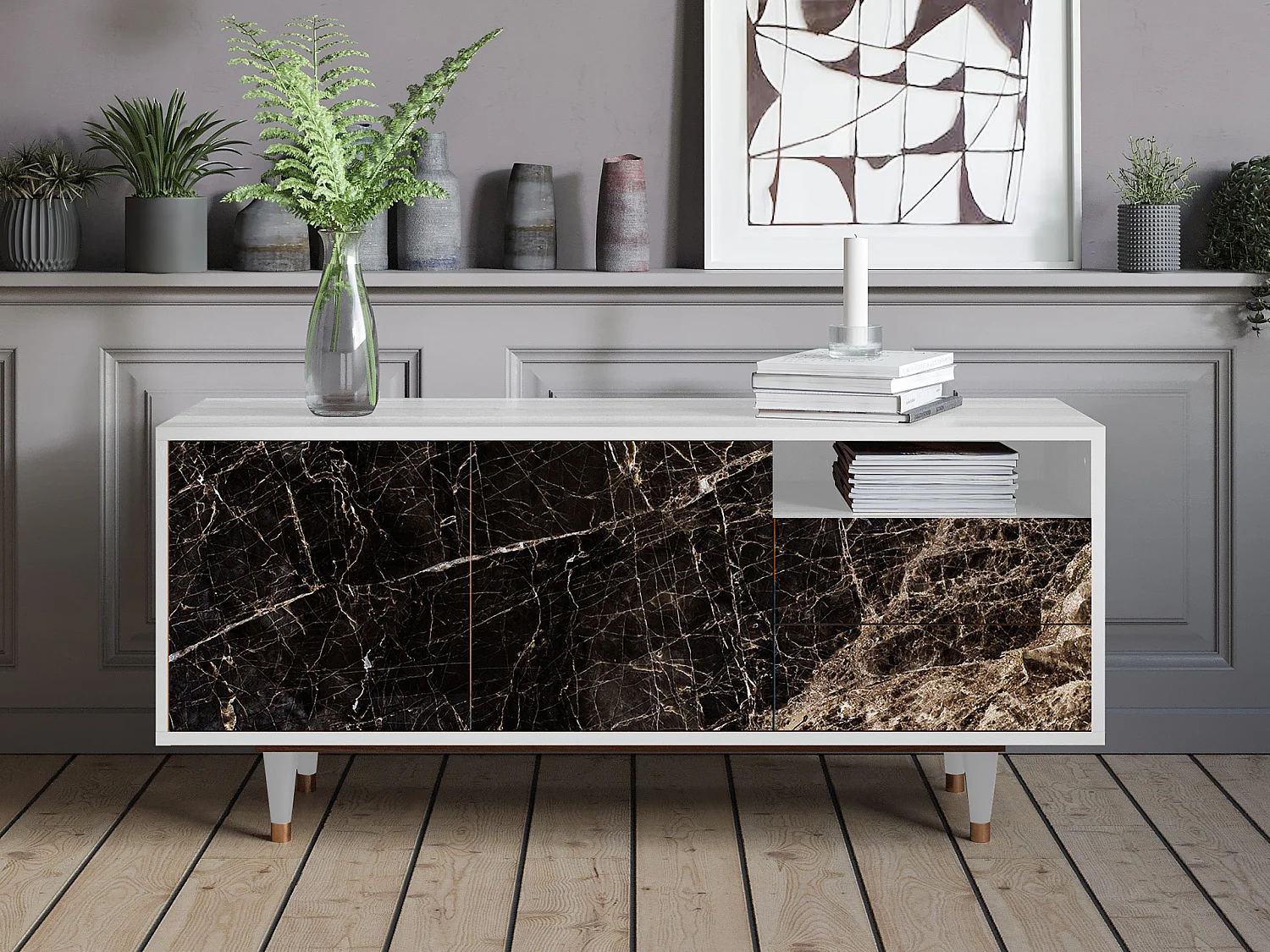 Meuble TV - 125х56х41 cm - T7 - Night Abyss, Blanc