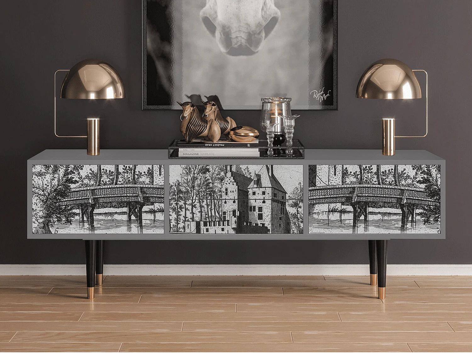 Szafka RTV - 170х59х48 cm - T4 - Castle with Bridge, Szary