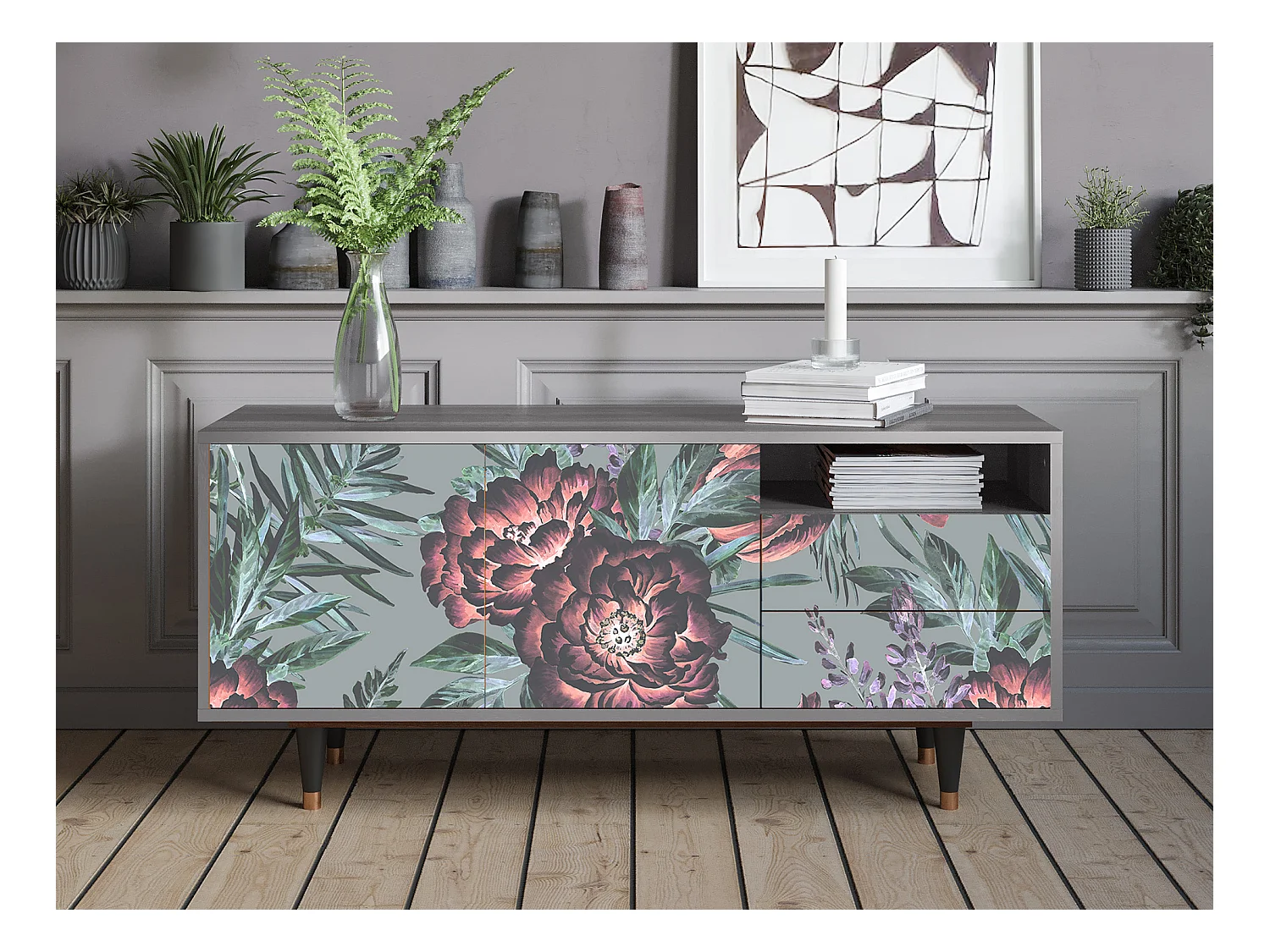 Mueble de TV - 125х56х41 cm - T7 - Light Peonies, Gris