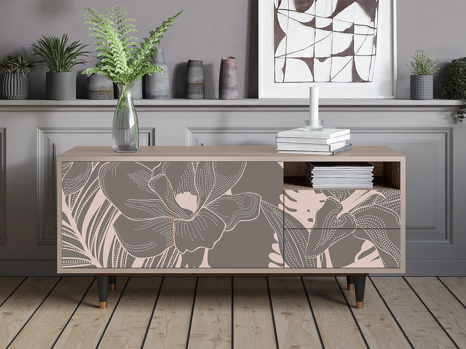 Meuble TV - 125х56х41 cm - T7 - Issabelline Flower, Latte