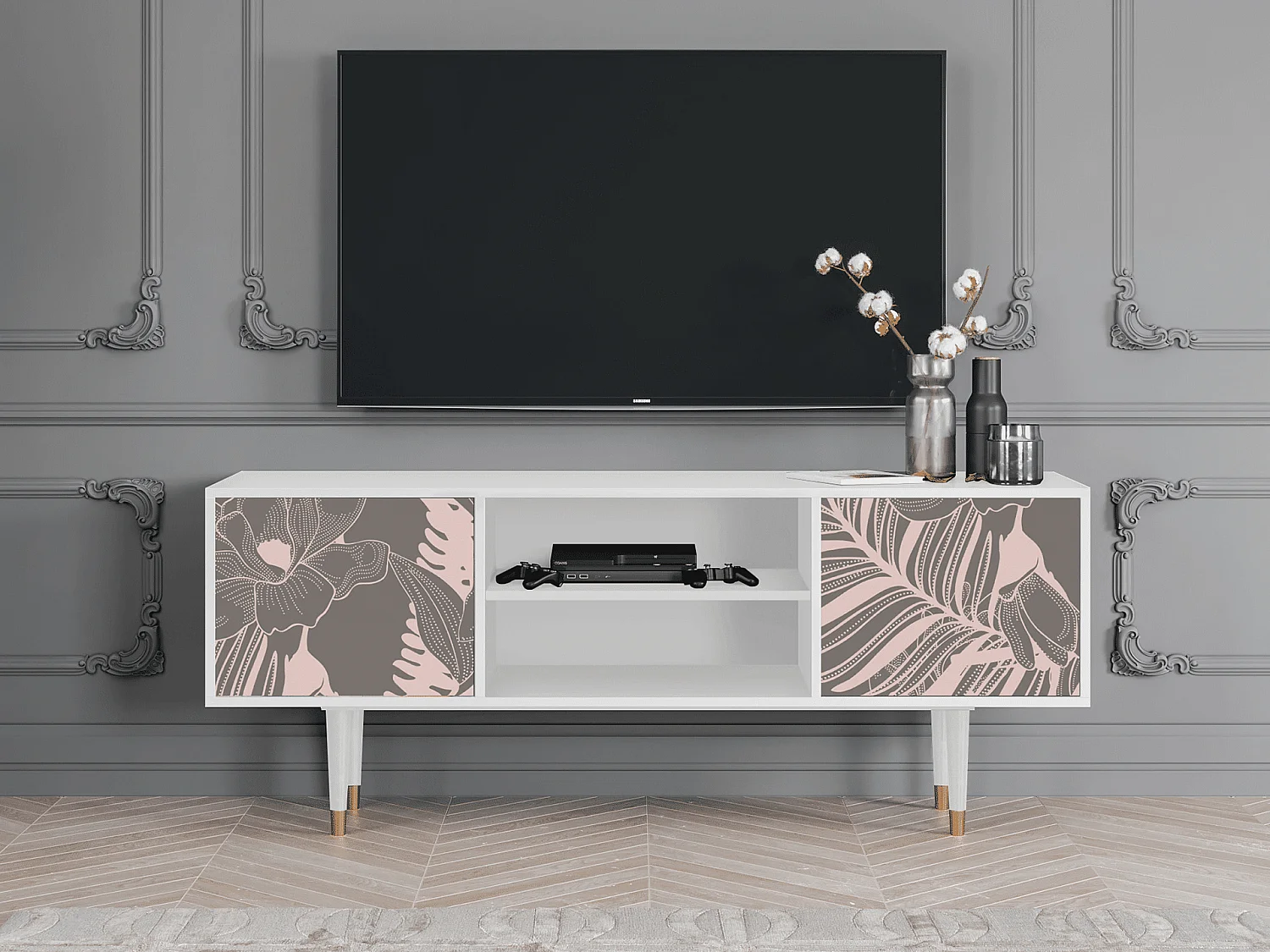 Meuble TV - 170х69х48 cm - T2 - Issabelline Flower, Blanc