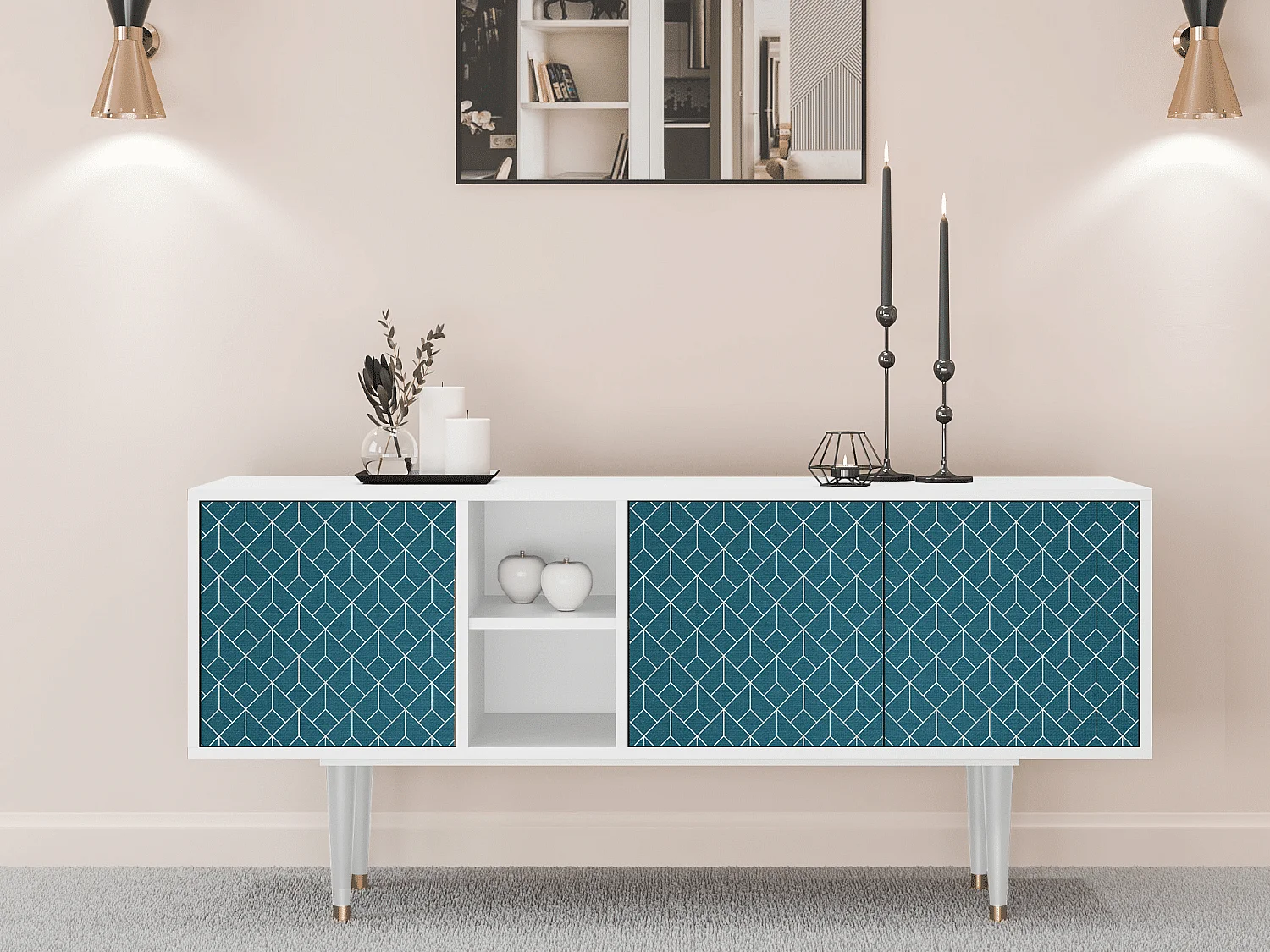 Mueble de TV - 150х69х41 cm - T5 - Turquoise Geometry, Blanco