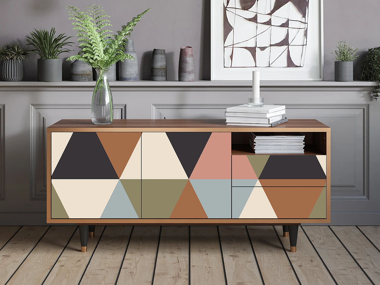 TV-Möbel - 125х56х41 cm - T7 - Royal Triangles, Walnuss