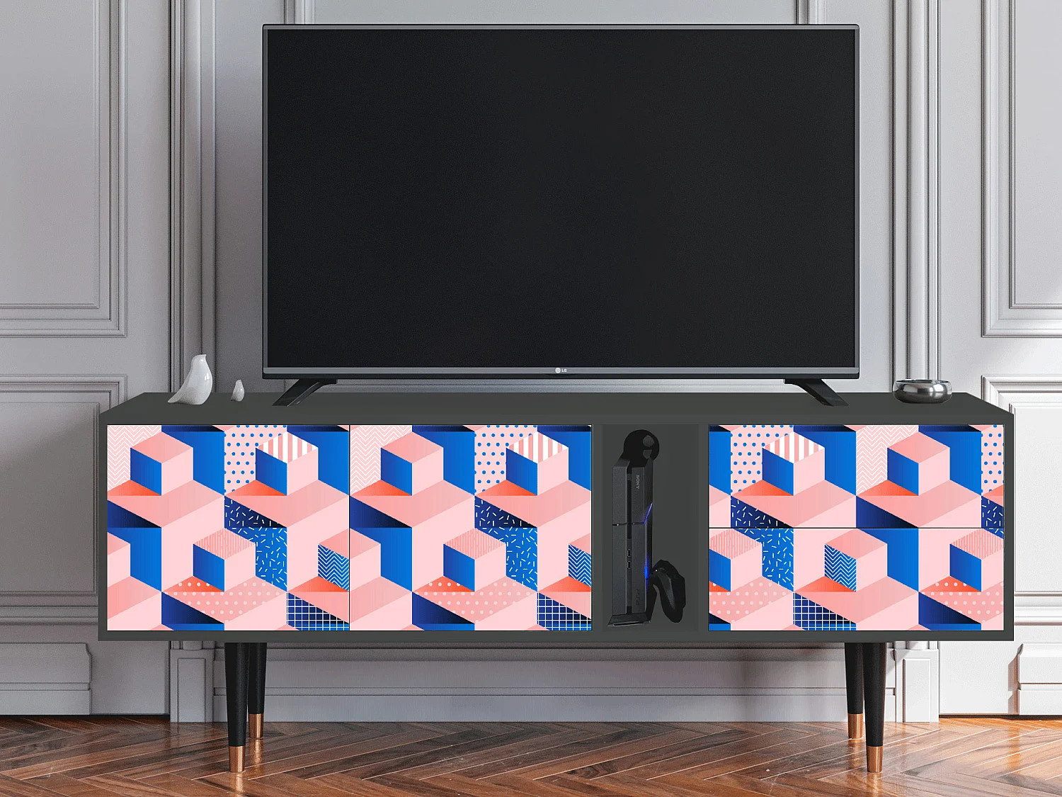 Szafka RTV - 170х69х48 cm - T1 - Pinky Squares, Antracyt