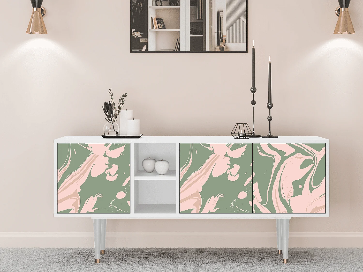 Meuble TV - 150х69х41 cm - T5 - Aquarelle, Blanc