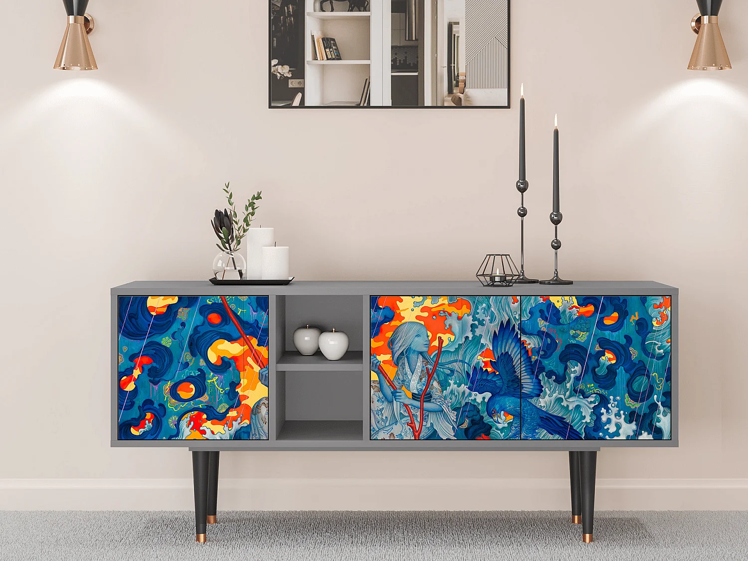 TV-meubel - 150х69х41 cm - T5 - The Girl - James Jean, Grijs