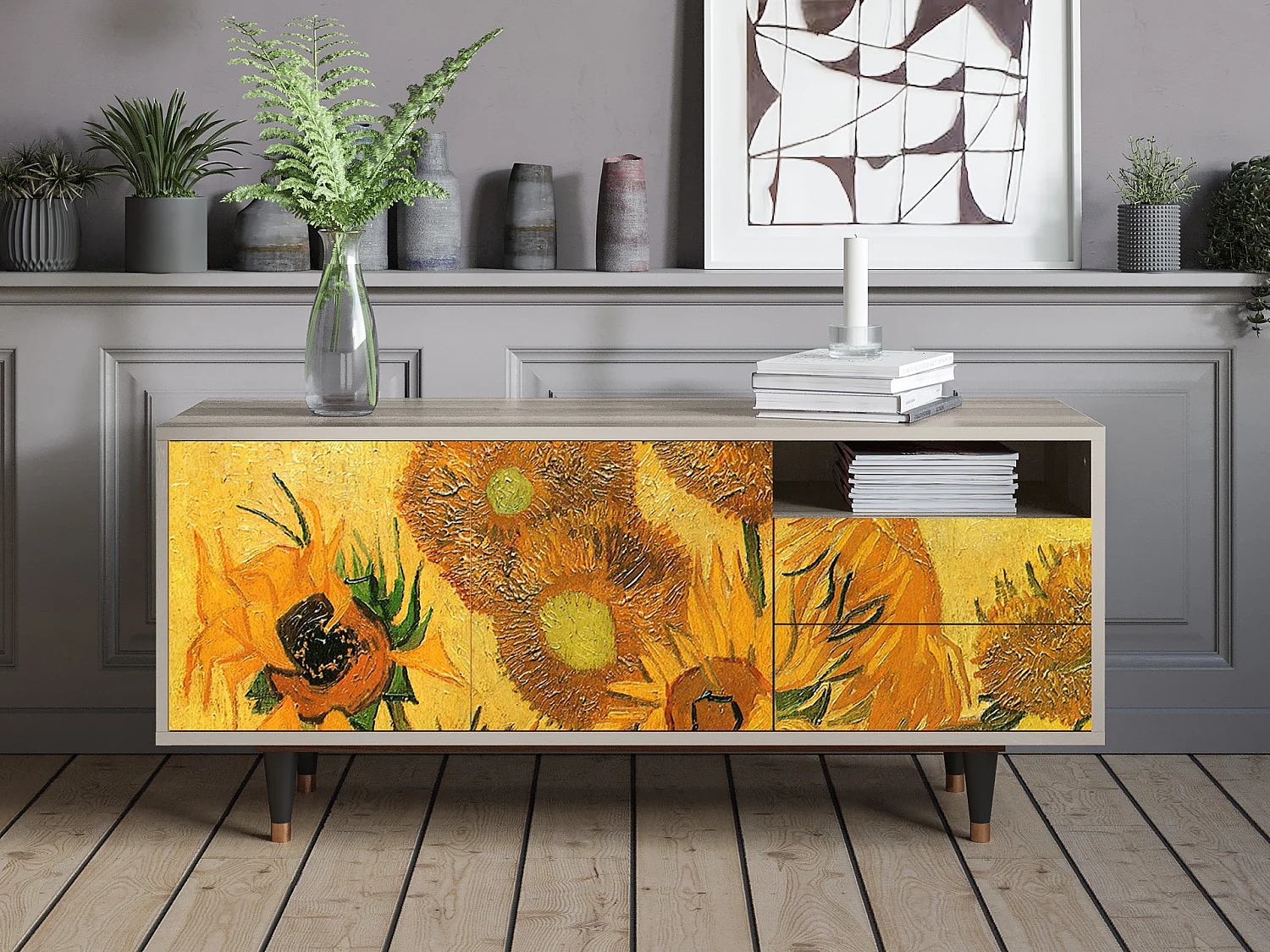 Szafka RTV - 125х56х41 cm - T7 - Sunflowers, Piaskowy