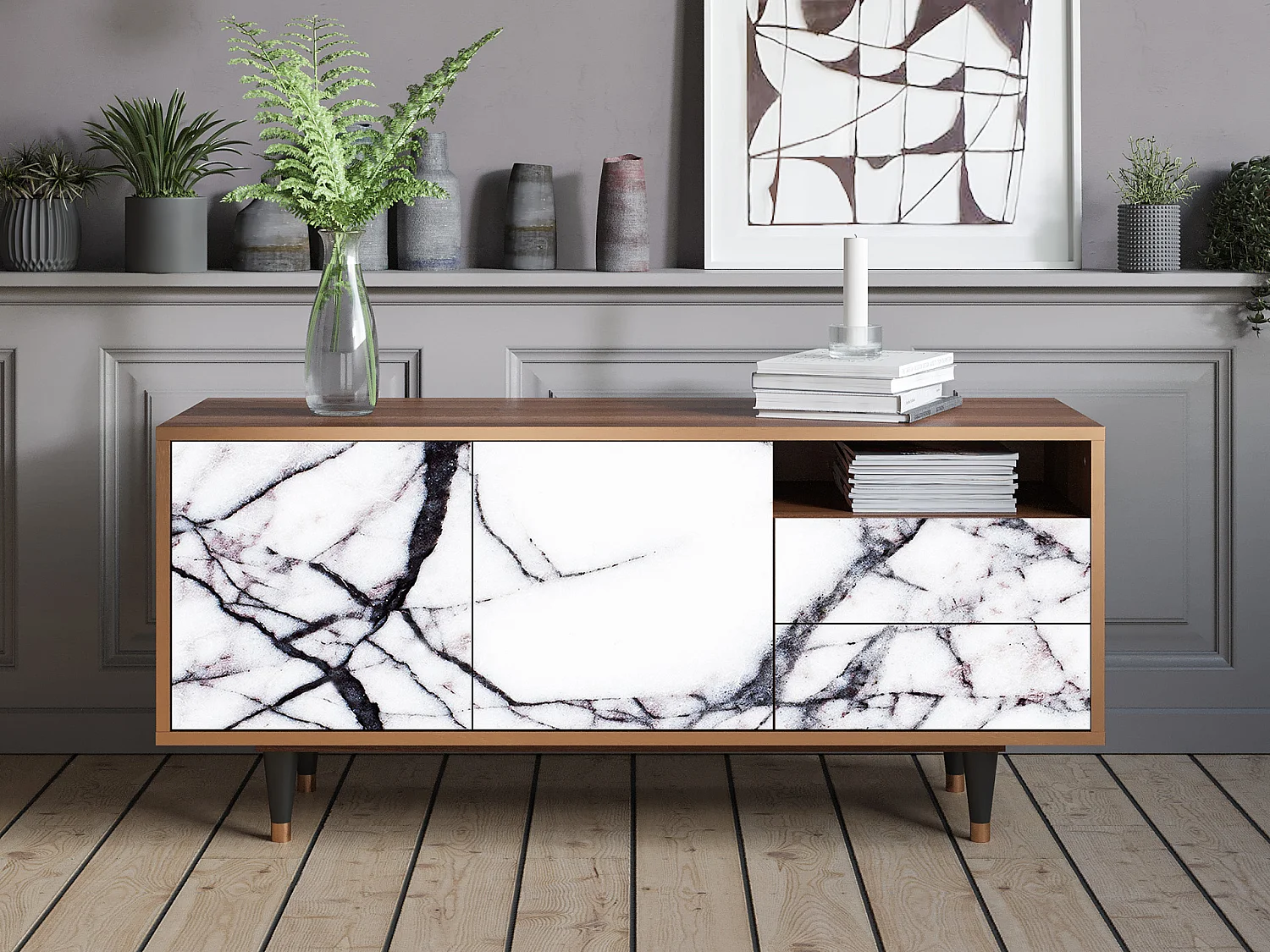 Meuble TV - 125х56х41 cm - T7 - Raven Marble, Noyer