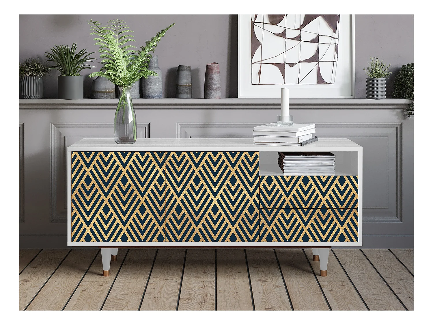 Meuble TV - 125х56х41 cm - T7 - Egypt Triangles, Blanc