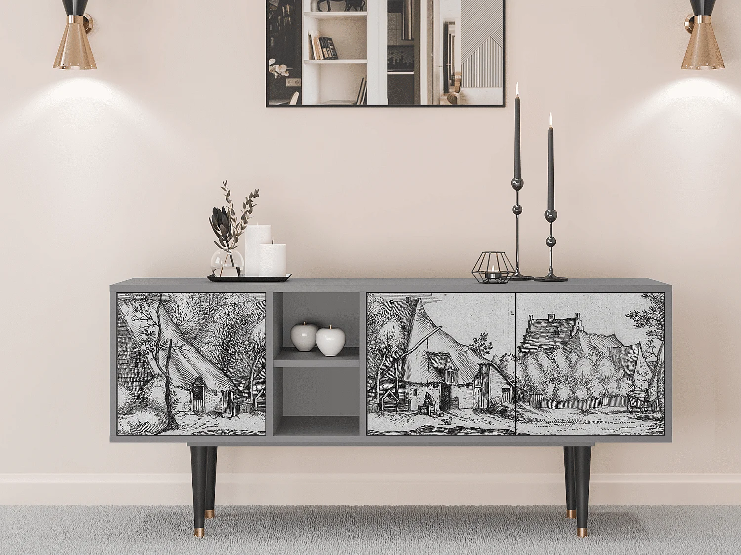 Mobile TV - 150х69х41 cm - T5 - Farms in a Village, Grigio