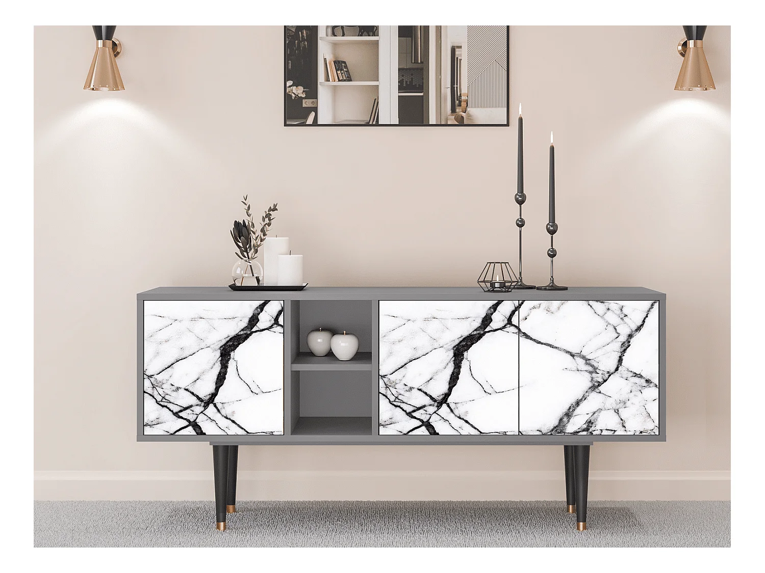 Meuble TV - 150х69х41 cm - T5 - Raven Marble, Gris