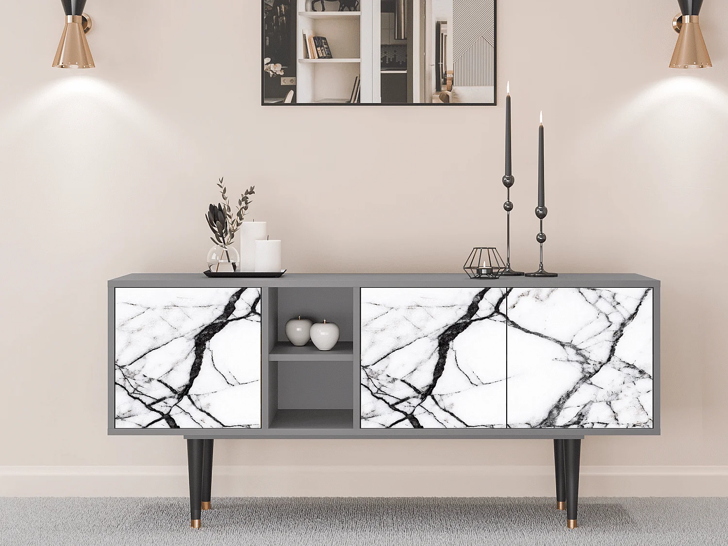 Mueble de TV - 150х69х41 cm - T5 - Raven Marble, Cinza